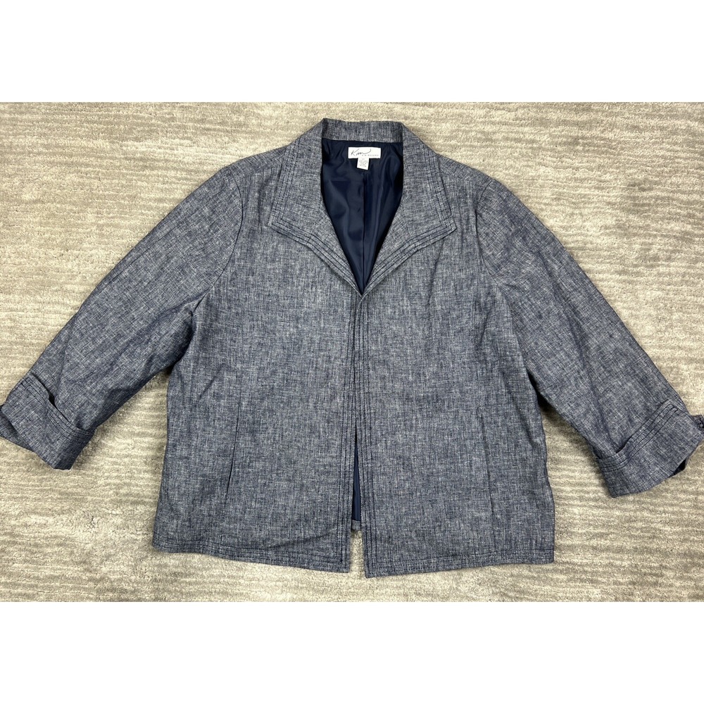 Kim Rogers Blazer Womens XL Blue Herringbone Linen Blend 3/4 Sleeve Open Front